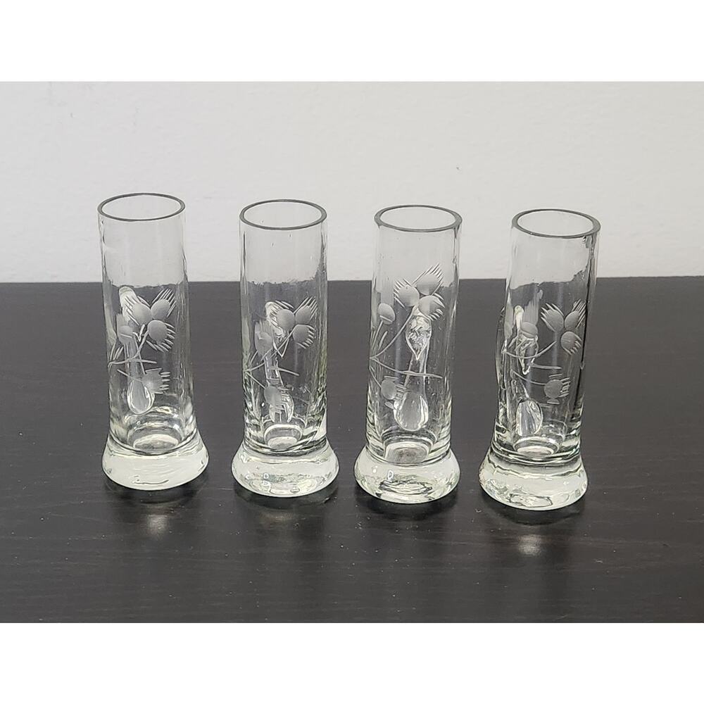 Vintage Etched Floral Design on Crystal Handled Shot/Cordial Glasses-Set of 4